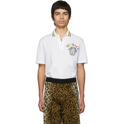 Versace Medusa Embroidery Detailed Cotton Polo Shirt In A001 White