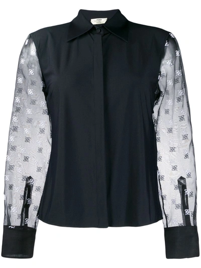 Fendi Sheer-sleeve Monogram Blouse In Black