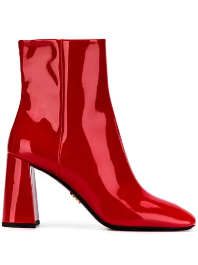 Prada Block Heel Patent Leather Bootie In Red