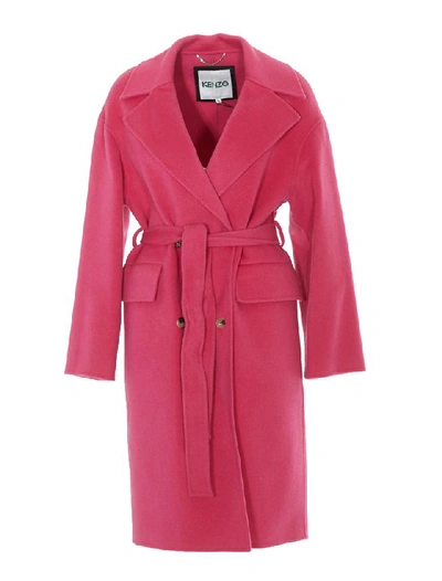 Kenzo Double Breasted Belted Coat In Pink