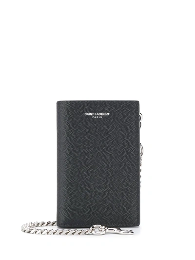 Saint Laurent Chain Bi-fold Pebbled Leather Wallet In Black