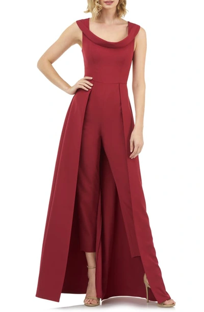Kay Unger Anais Stretch Crepe Jumpsuit With Skirt Overlay In Ruby