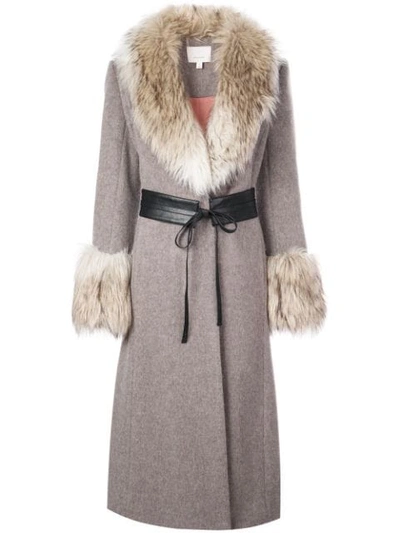 Cinq À Sept Irina Belted Coat With Faux Fur Trim In Brown