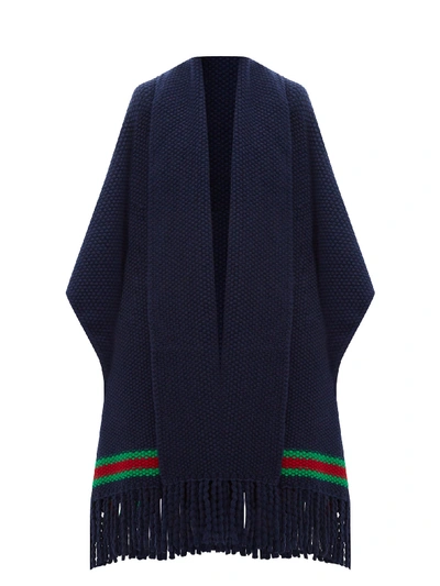 Gucci Oversized Moss-stitch Fringed Wool Cape In Blue Multi