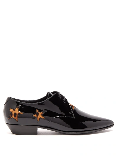 Saint Laurent Jonas Calf Hair-trimmed Patent-leather Derby Shoes In Black