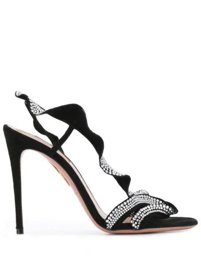 Aquazzura Ruffle 105 Crystal-embellished Suede Sandals In Black