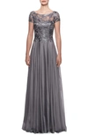 La Femme Cap-sleeve Chiffon Gown With Metallic Lace Bodice In Grey