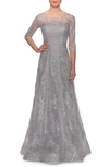 La Femme A-line Lace Sequin Gown With Sheer Scoop Neckline In Silver