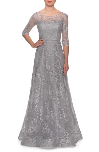La Femme A-line Lace Sequin Gown With Sheer Scoop Neckline In Silver