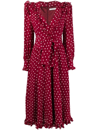 Alessandra Rich Padded-shoulder Polka-dot Silk-crepe Wrap Dress In Red
