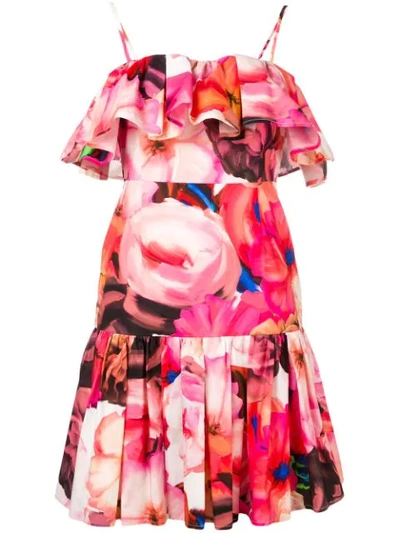Msgm Ruffle Floral Dress In Red Flower Print