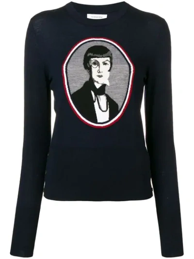 Thom Browne Una Portrait Jacquard Pullover In 415 Navy