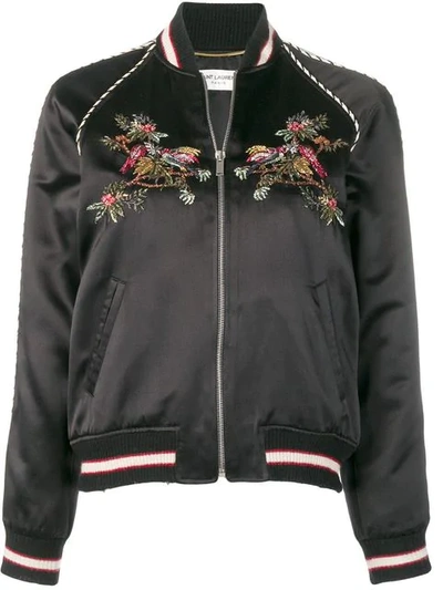 Saint Laurent Flower Embroidered Bomber Jacket In 1000 Noir
