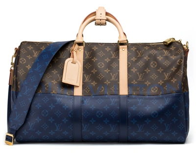 Pre-owned Louis Vuitton Keepall Bandouliere Monogram Eclipse Outdoor Split 50 Brown/pacific Blue
