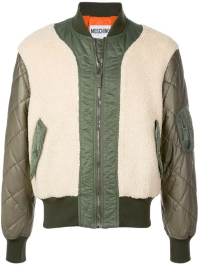 Moschino Shearling Paneled Bomber Jacket In Green