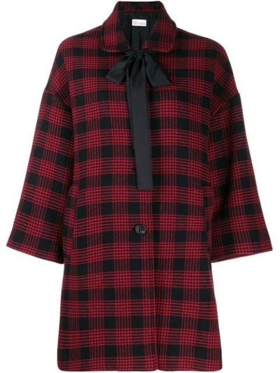 Red Valentino Bow-detailed Checked Tweed Coat In Deep Red