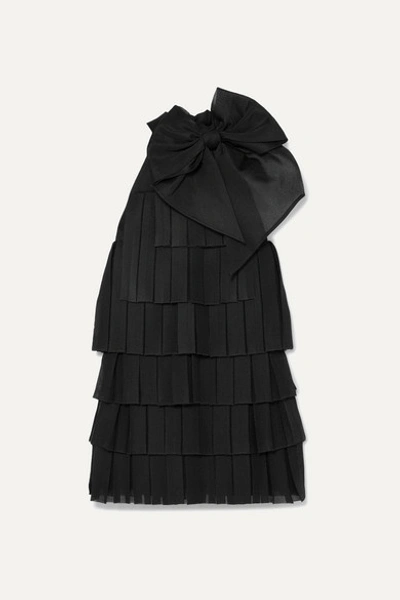 Balmain Bow-embellished Pleated Knitted Mini Dress In Pa Noir