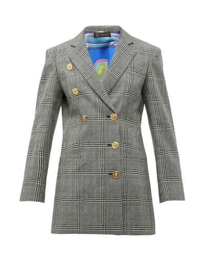 Versace Button-embellished Prince Of Wales Checked Wool Blazer In Black