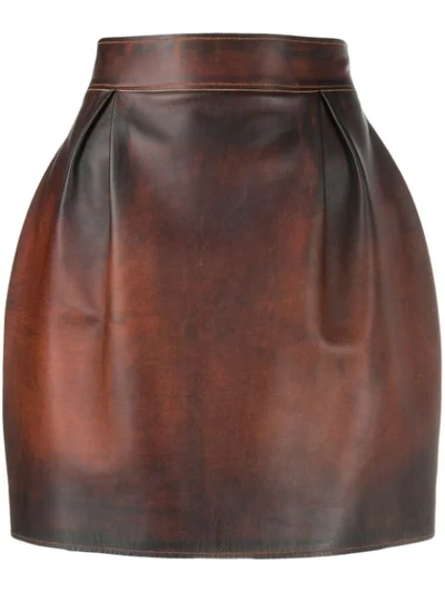 Versace Pleated Antiqued-leather Mini Skirt In Antique Brown
