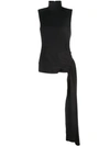 Tibi Structured Crepe Shirred Drape Mockneck Top In Black