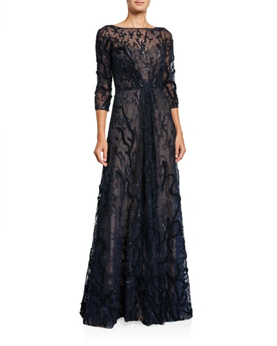 Rene Ruiz Embellished Bateau-neck 3/4-sleeve A-line Illusion Gown In Navy