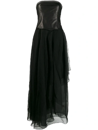 Brunello Cucinelli Strapless Chiffon Leather-bodice Gown In C101 Black