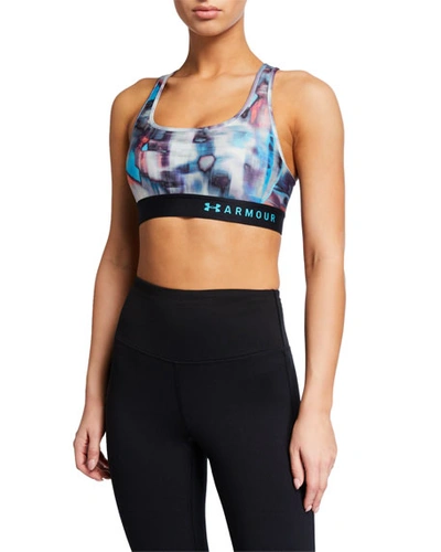 Under Armour Armour Mid-impact Crossback Printed Sports Bra In Black/blue