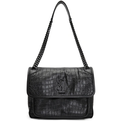 Saint Laurent Black Niki Medium Croc-embossed Leather Shoulder Bag In Noir