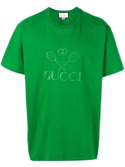 Gucci Embroidered Tennis Logo Cotton-jersey T-shirt In Green