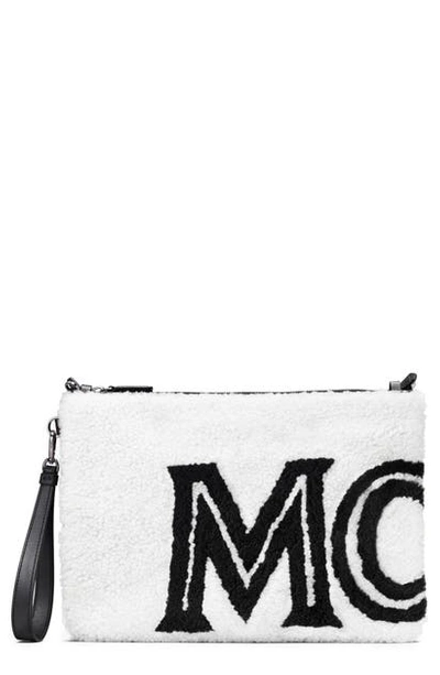 Mcm Crossbody Pouch In Contrast Logo Shearling In Cloud Dancer