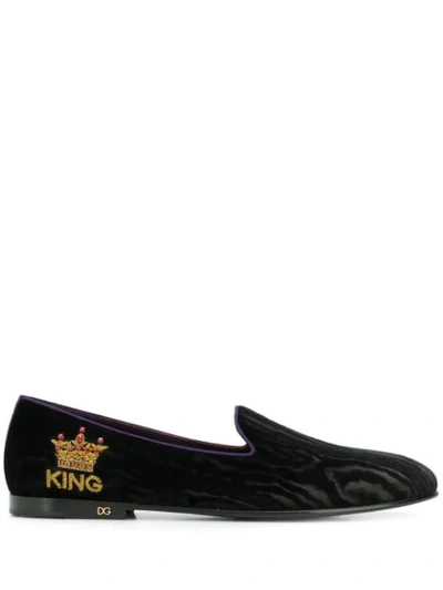 Dolce & Gabbana Crown Embroidered Loafers In Black/gold