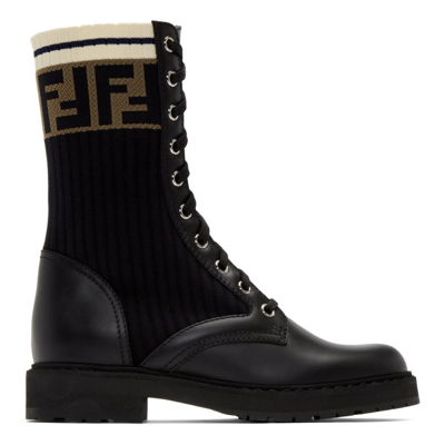 Fendi Black And Brown Rockoko Ff Logo Leather Boots
