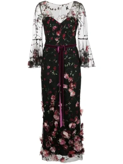 Marchesa Notte 3/4 Sleeve V-neck 3d Floral Dress In Black