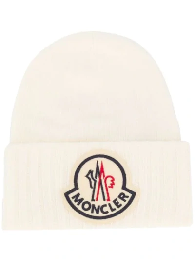 Moncler Oversized Logo Patch Beanie In Neutrals
