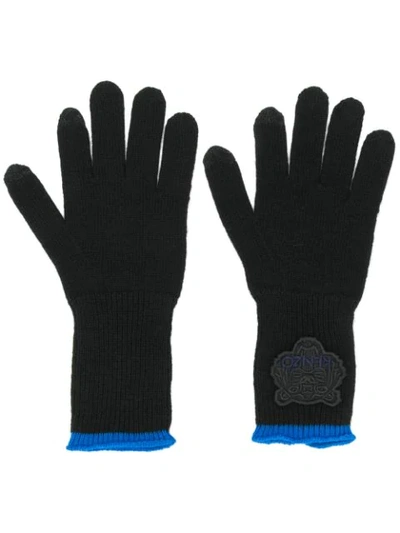 Kenzo Tiger Logo Patch Knitted Gloves In Black