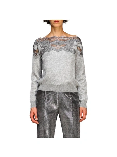 Ermanno Scervino Sweater With Boat Neckline And Lace Inserts In Grey