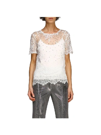 Ermanno Scervino Top Crew-neck Sweater With Short Sleeves And Lace Inserts In White