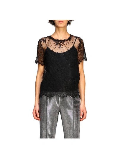 Ermanno Scervino Top Crew-neck Sweater With Short Sleeves And Lace Inserts In Black