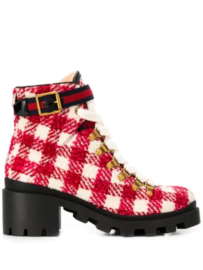 Gucci Block Heel Checked Boots In White