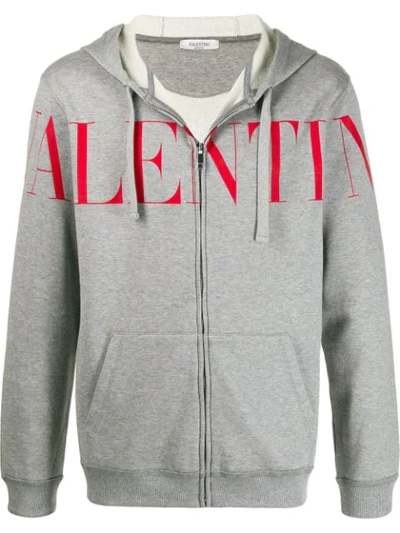 Valentino Logo Print Zipped Hoodie In Grey