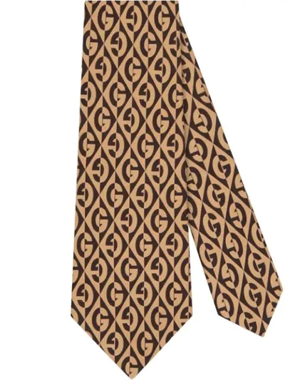 Gucci G Rhombus Print Silk Tie In Brown