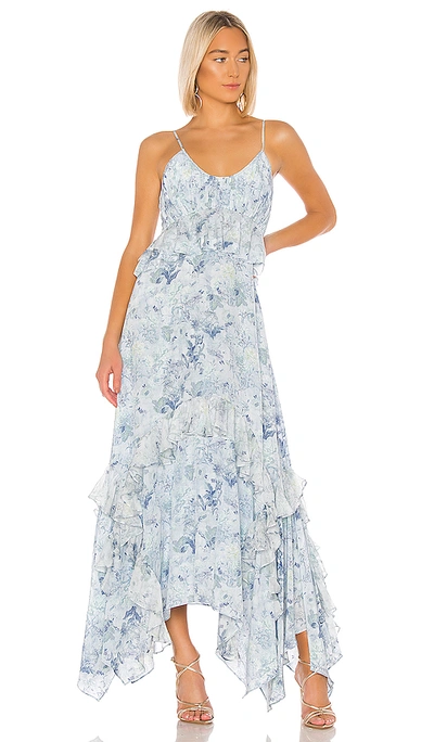 Amur Promise Floral Print Silk Maxi Dress In Icy Blue