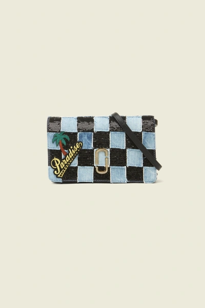 Marc Jacobs Denim Patchwork Wallet With Leather Strap In Denim Multi