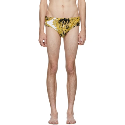 Versace Underwear White And Gold Animal Swim Briefs In A771 Wh/gl