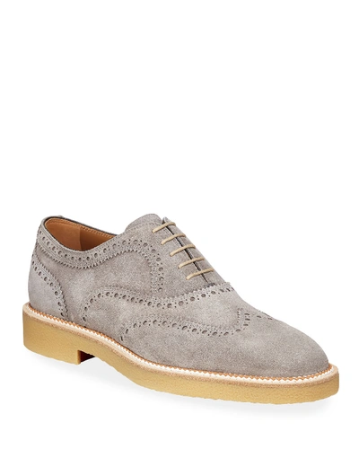 Christian Louboutin Men's Charlie Crepe-sole Suede Wing-tip Oxford Shoes In Gray