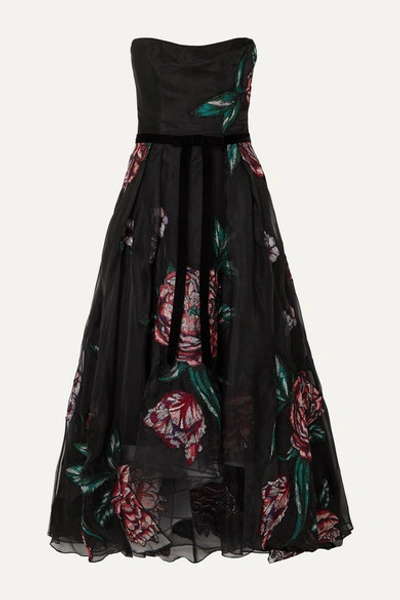 Marchesa Notte Floral Embroidered Strapless High-low Organza Gown W/ Ribbon Trim In Black