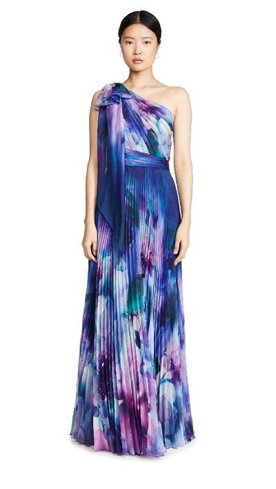 Marchesa Notte Watercolor One-shoulder Pleated Chiffon Gown W/ Draped Bow In Blue