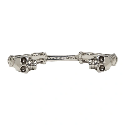 Alexander Mcqueen Silver Textured Twin Skull Bracelet