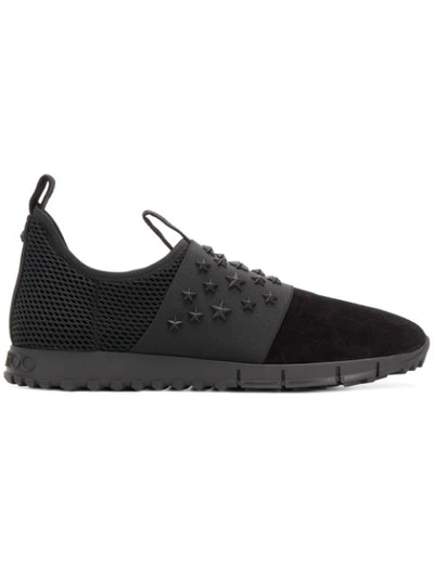 Jimmy Choo Oakland/m Black Suede And Mesh Sock-like Trainers With Black Elastic And Black Matte Enamel Stars De