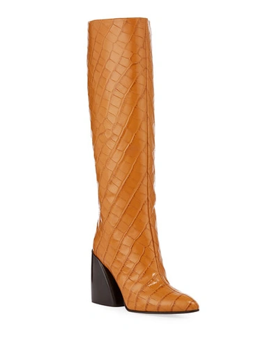 Chloé Wave Croc-embossed Tall Boots In Beige